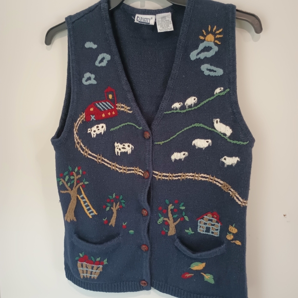 Capacity Jackets & Blazers - Capacity Women's Navy Farm Scene Knit Vest